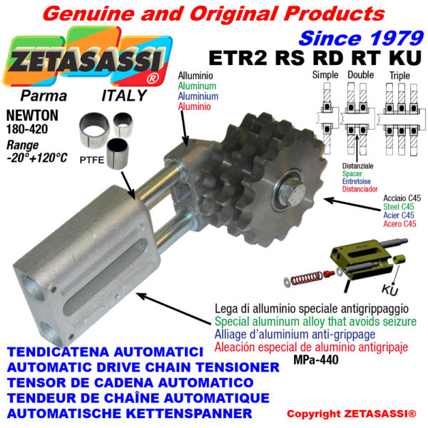 Automatische linear kettenspanner etr2 ku mit kettenräder - kettenradsätze rs rd rt (ptfe buchsen) newton180:420 ZETASASSI etr2rd114ku