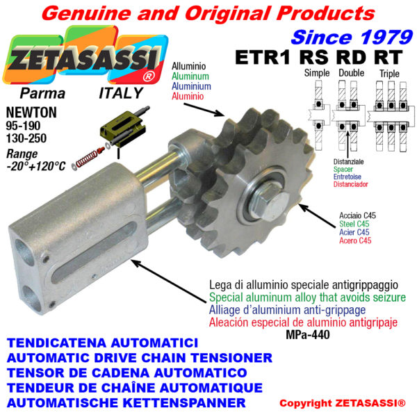Automatische linear kettenspanner etr1 mit kettenräder - kettenradsätze rs rd rt newton130:250-95:190 ZETASASSI etr1rd34190