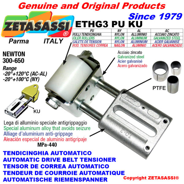 Automatische linear riemenspanner ethg3 pu ku mit gabel und riemen spannrolle (ptfe buchsen) newton300:650 ZETASASSI ethg3pu6090alku