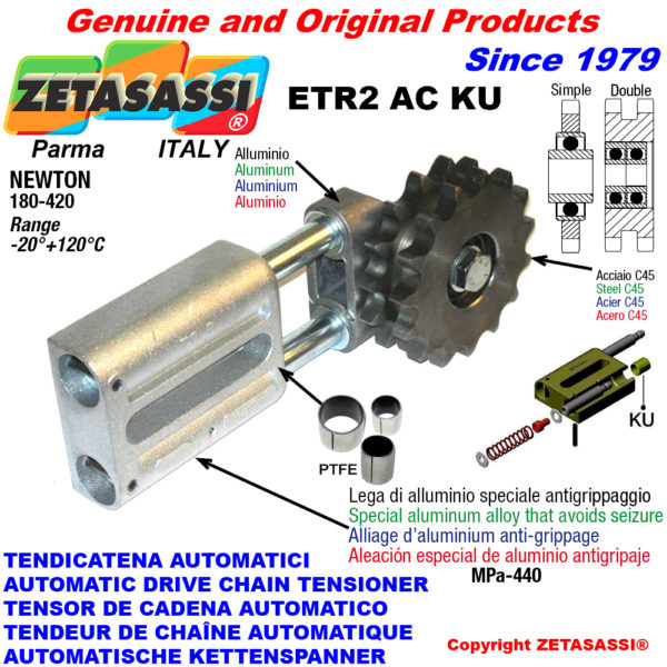 Automatische linear kettenspanner etr2 ac ku mit kettenräder - kettenradsätze ac (ptfe buchsen) newton180:420 ZETASASSI etr2ac114sku
