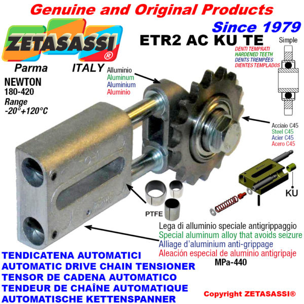 Automatische linear kettenspanner etr2ackute mit verhärtetem kettenräder acte (ptfe buchsen) newton180:420 ZETASASSI etr2ac1skute